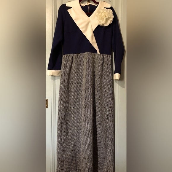 ⭐️🌟TRUE Vintage 70s Maxi Granny Dress Blue Poly Tweed White Trim XL - Picture 3 of 10